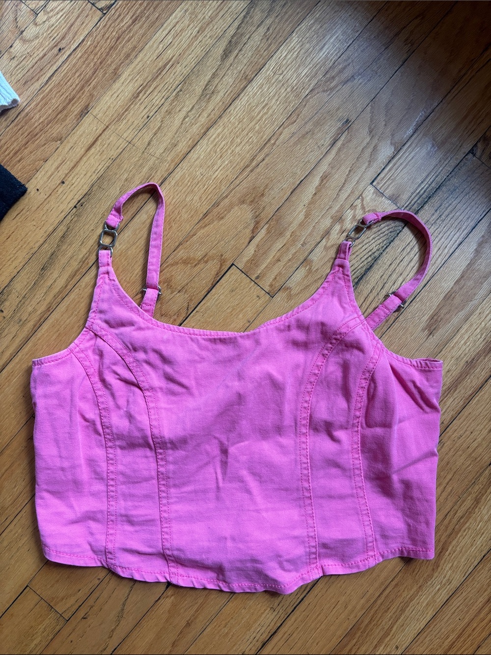 Women’s Pink Denim Cropped Tank Top with Adjustable Straps